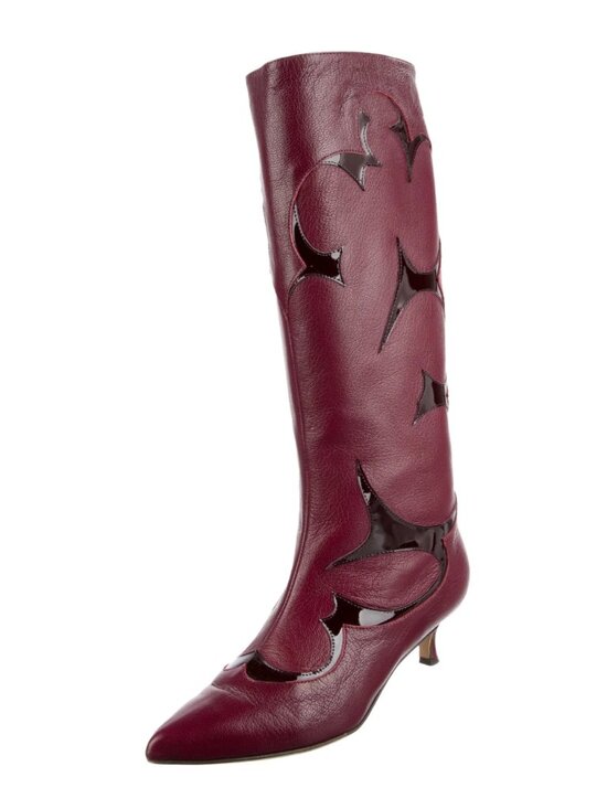 Tibi Shoes - Tibi Oxblood Flower Leather Kitten Heel Boots - Size 8.5